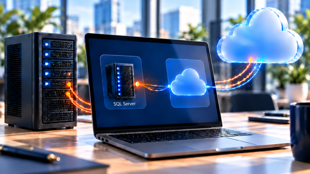 Entorno híbrido SQL Server con un servidor local y servicios en la nube conectados a un portátil.