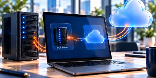 Entorno híbrido SQL Server con un servidor local y servicios en la nube conectados a un portátil.