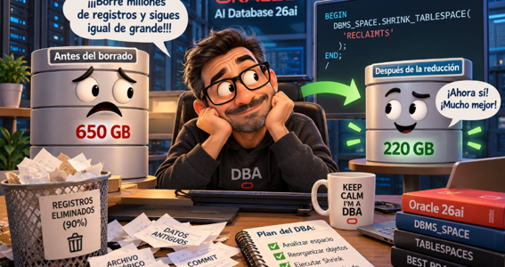 Ilustración de un DBA y un datafile de Oracle antes y después de reducir su tamaño